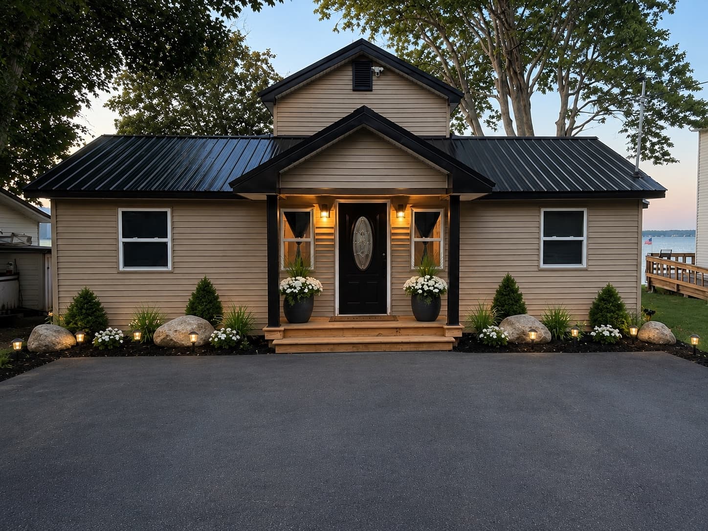 Elegant exterior of the private residence at dusk